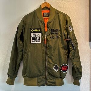 Olive Green Patch Bomber Jacket with Orange Lining